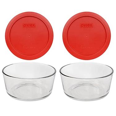 Imagem de Pyrex (2 tigelas de vidro 7201 com 4 xícaras e (2) tampas vermelhas papoula 7201-PC feitas nos EUA