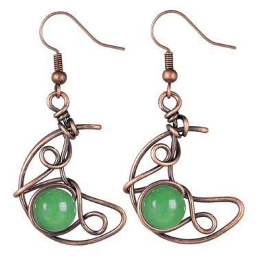 Imagem de Nupuyai Brincos femininos com pingente de cristal de lua gótico, fio de cobre, lua crescente, brincos de gota para mulheres, Cobre Cobre Aventurina verde, Pedra de cristal de aventurina verde