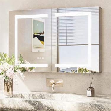 Imagem de TokeShimi Armário de Remédios Iluminado 36X24 com Espelho, Tomada Elétrica, Luz Frontal Antiembaçante, Superfície Regulável de Temperatura de 3 Cores Ou Montagem Embutida para Penteadeira de Banheiro