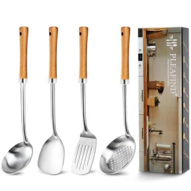 Imagem de Pleafind Conjunto de 4 utensílios de cozinha, utensílios de cozinha de aço inoxidável com cabo de madeira, conjunto essencial de cozinha inclui concha de wok, escumadeira, espátula wok e espátula com