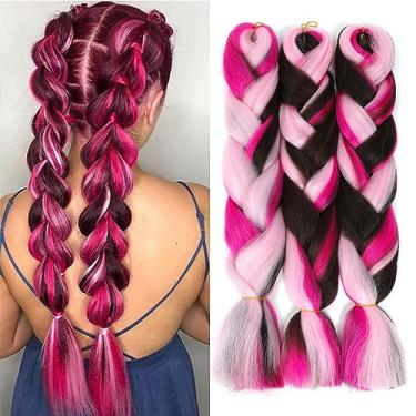 Imagem de AFNOTE Rainbow Braid Em Extensões De Cabelo 24 Polegadas, 3 Pacotes, Sintético, Alta Temperatura, Jumbo, Trança, Profissional, Crochê, Extensões De Cabelo Coloridas Para Trança (Rosa Choque/Rosa/Ma