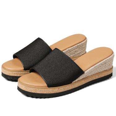 Imagem de mikarka Sandálias femininas sem cadarço, plataforma de resort com bico aberto, sandálias de praia confortáveis, alpargatas, alpargatas, elegantes para o verão, Lona preta, 36