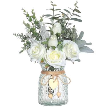 Imagem de Flores artificiais em vaso 35 x 28 cm, rosas realistas, flores de seda sintética com folhas verdes para mesa de cozinha, escritório, branca, artificial
