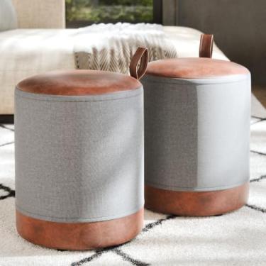 Imagem de Kit Puff Redondo Cinza Linho e Couro 42x34 Sala Quarto