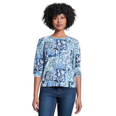 Imagem de Jones New York Crepe feminino estampado musgo gola redonda com puff 3Q, NYC branco multi, Branco Nyc Multi, XP