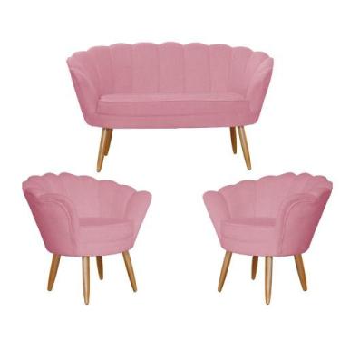 Imagem de Kit Namoradeira + 2 Poltronas Decorativa Pétala Suede Rosa Pés Madeira