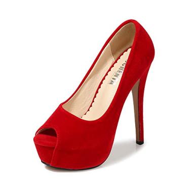 Imagem de OCHENTA Sapato social feminino peep toe salto alto plataforma salto alto sexy, Vermelho (veludo), 34
