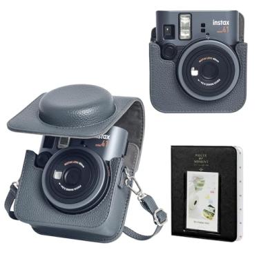 Imagem de WOGOZAN Capa protetora Mini 41 para câmera instantânea Fujifilm Instax Mini 41, capa retrô de couro sintético mini 41 com 64 mini álbum de fotos e alça de ombro ajustável (sem câmera) - cinza escuro
