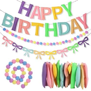 Imagem de Luckinds 3 Peças De 118" Pré-Enfiadas Faixa Feltro Feliz Aniversário - Guirlanda Bolas Pastel Com Laço Decorações Festa Para Decoração Parede