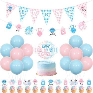 Imagem de JOYMEMO Decorações Para Festa De Revelação Sexo Com Churrasco - Guirlanda Bandeirinhas Rosa E Azul Bebê, Topo Bolo Menino Ou Menina, Topos Cupcake Balões, Chá Bebê Tema Piquenique
