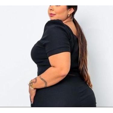 Imagem de Blusa feminina Cropped listrado pluss size manga bufante decote reto -