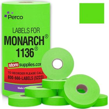 Imagem de Perco Etiquetas de preço verdes fluorescentes para Monarch 1136 Price Gun - 8 rolos, 14.000 etiquetas de marcação de preço