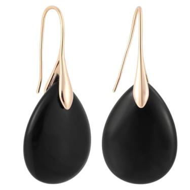 Imagem de Brincos Pendentes com Contas de Ágata, Brincos Anzol em Forma Lágrima de Pedra Natural Alto Luxo Joias Elegantes e Modernas com Pendente para a Orelha para Mulher (Preto e Dourado)
