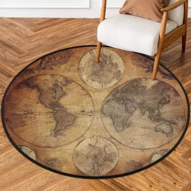 Imagem de Tapete vintage com mapa do mundo redondo, 1,5 m, retrô, mapa educativo, antiderrapante, tapete redondo macio e lavável para quarto, sala de estar, ambientes internos e externos, berçário