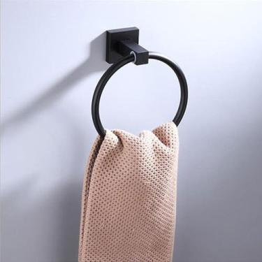 Imagem de Kit de ferragens para banheiro preto - 6 ganchos para suporte de toalhas e papel higiênico - Aço inoxidável, anel para toalhas