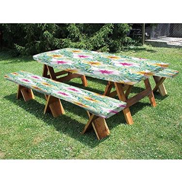 Imagem de Toalha de mesa ajustada com folhas de palmeira, conjunto de 3 peças, fundo de plantas de selva tropical, para Natal, festas, piqueniques, 81 x 182 cm