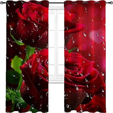 Imagem de Cortina blackout rosa vermelha, chuva artística com rosa fresca, tecido à prova d'água, cortina de isolamento de cozinha com tratamento de sombreamento completo, L 132 x C 213 cm, vermelho escuro
