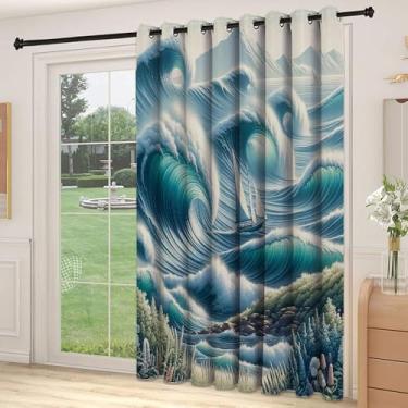 Imagem de Divisória de parede de cortina de divisão náutica, barco em ondas enormes e efeito de pintura de costa do oceano gramado, adequado para cortinas térmicas de sala de estar de porta de vidro deslizante,
