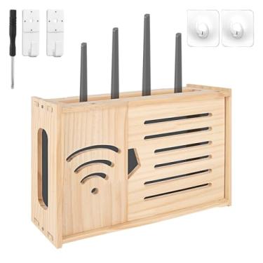 Imagem de Kingshion Caixa de armazenamento de madeira para pendurar na parede, armário organizador de cabos Wifi de 33 cm, suporte de armazenamento oculto para dispositivo de Internet sem fio