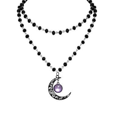 Imagem de Rrdaily Colar gótico de cristal de lua estilo punk colar com pingente de lua vintage preto crescente, colares góticos escuros, bijuterias de fantasia, joias de ano novo para mulheres, Large, Cristal