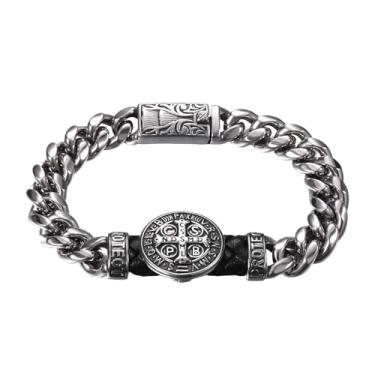 Imagem de Aroncent Pulseira masculina de São Bento: Pulseira de oração católica de aço inoxidável com elos cubanos de 22 cm com medalha religiosa e detalhes de couro - Pulseira de corrente de motocicleta
