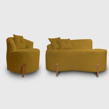 Imagem de Kit Sofá Orgânico Feijão Com Poltrona Pé De Madeira Bouclé Minimalista