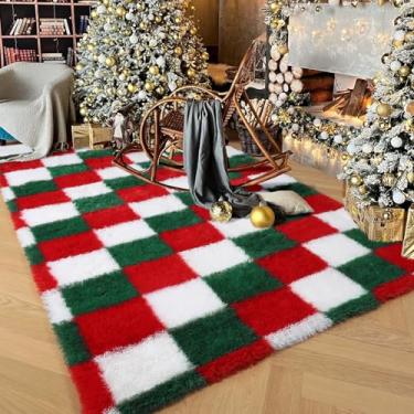 Imagem de KICMOR Tapete de Natal para quarto, sala de estar, 10 x 15 cm, macio, vermelho, verde, branco, xadrez, tapete felpudo de cabeceira, tapetes de pelúcia para quarto de crianças, meninos, meninas,