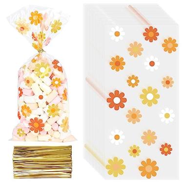 Imagem de 100 sacos de margarida para doces Boho Groovy sacos de celofane hippie retrô sacos de presente de plástico margarida com laços dourados torcidos para lembrancinhas de festa de aniversário, embalagem