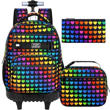 Imagem de Mochila com rodinhas para meninas, 3 peças, mochila feminina com lancheira para crianças, mochila escolar com rodas - Neon Love