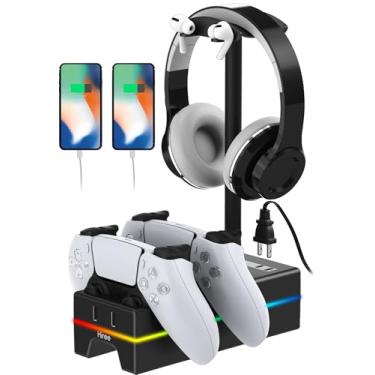 Imagem de Hiree Carregador controlador PS5 com porta de carregamento USB e tomada CA, estação de carregamento RGB DualSense Dock para controles Playstation 5 com suporte para fone de ouvido, acessórios PS5