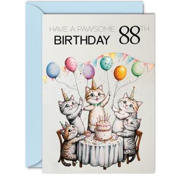 Imagem de Cartão de aniversário de 88 anos para homens e mulheres - balões de gatos de festa pawsome - Cartões de feliz aniversário para homens de 88 anos de idade, cartões comemorativos de aniversário de gato