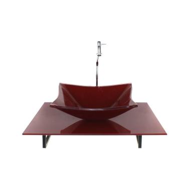 Imagem de Kit Cuba Vidro Retangular Tampo 60Cm Vermelho Cereja Full E