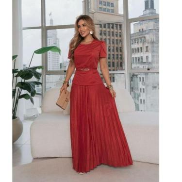 Imagem de Conjunto Blusa e Saia Longa Plissada na Malha Sued Skin moda evangélic
