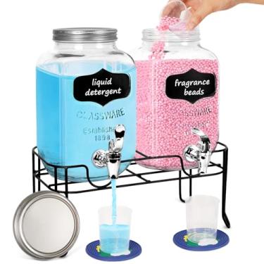Imagem de TRBIHCX Pacote com 2 dispensadores de detergente para roupas de vidro de 1,25 galão com torneiras - derramamento sem esforço, tampa de parafuso, suporte, tapetes de gotejamento de borracha -
