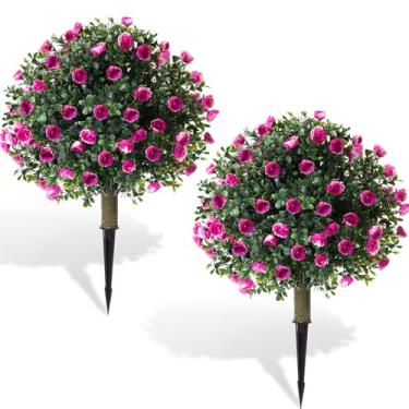 Imagem de Yunlly Conjunto de 2 arbustos artificiais de buxo rosa com espigão no solo, arbustos artificiais resistentes a UV, pincel falso para plantas artificiais perenes falsas para varanda e jardim (roxo