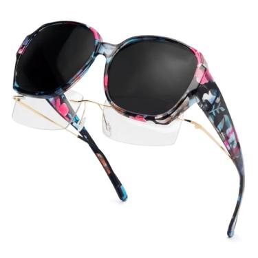 Imagem de Face Shadow Óculos de sol femininos com proteção UV polarizada, ajuste sobre óculos de grau leve, Armação floral/lente cinza