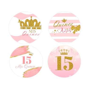 Imagem de Etiquetas rosa e douradas de festa de quinze anos com 4 designs, 4 cm, marmelo Mis Años Sweet 15 adesivos de festa de aniversário para presentes de decoração de lembrancinhas de aniversário, 40 peças