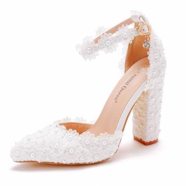 Imagem de Crystal Queen Sandálias de salto bloco de 10,5 cm de renda branca sapatos de casamento salto grosso grosso bico fino tornozelo sandálias femininas, Branco 10,5 cm, 35