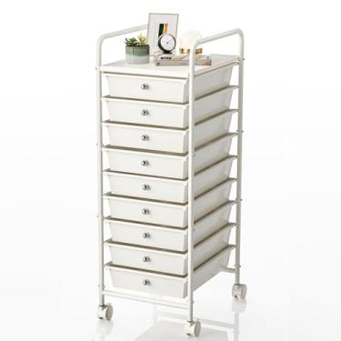 Imagem de Shrivee Carrinho utilitário de 9 camadas com 9 gavetas, carrinho utilitário com 2 rodas giratórias bloqueáveis, carrinho móvel multiuso para escritório, banheiro, cozinha, branco marfim