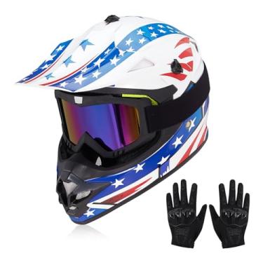 Imagem de JQF Gear Capacetes infantis de motocross off-road ATV BMX MX Dirtbike capacete de motocicleta J-01 com óculos e luvas aprovado pelo DOT (bandeira patriótica, M)