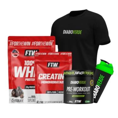 Imagem de FTW Kit Whey Protein 100% Sabor Chocolate 900g + Creatina Monohidratada 500g + Pré Treino Diabo Verde Sabor Limão 300g + Coqueteleira + Camisa T-Shirt Preta (Camisa G, Whey Sabor - Chocolate)