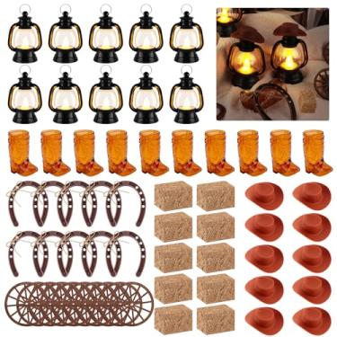 Imagem de Peça central de festa temática ocidental decoração de festa de cowboy com mini fardos de feno, mini chapéu de caubói mini lanterna preta roda de vagão de ferradura para decoração de festa de casamento