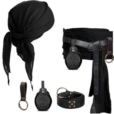 Imagem de KOTORA Fantasia de pirata, lenço de cabeça, bandana, chapéu, faixa, cinto medieval, bolsa de moedas, dourado, vestido para festival, acessório de Halloween (Fênix-Preto)