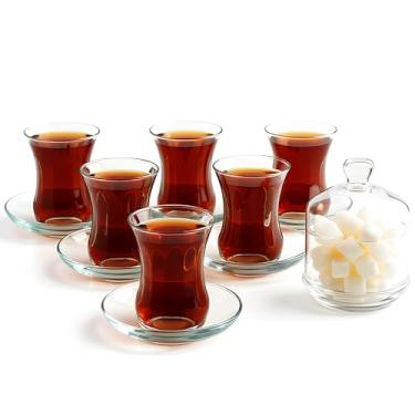 Imagem de O conjunto tradicional de copos de chá turco inclui; 6 xícaras de chá (118 ml), 6 pires e açucareiro com tampa de vidro (250 ml), xícaras de chá árabe persa (13 peças)