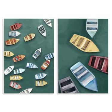Imagem de Stupell Industries Conjunto de arte de placa de parede de 2 peças de barcos a remo coloridos à deriva, design de Hannah Dawson, 15 x 10