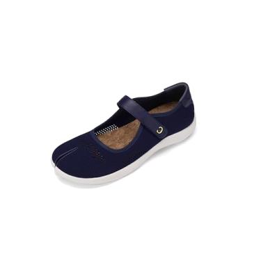 Imagem de Cuctos Sapatilha feminina de malha com tira no tornozelo respirável Mary Janes Ballet Comfort Tabi Mocassins casuais, Azul, 36