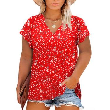 Imagem de Blusa feminina Eytino plus size boho com estampa floral vermelha de ch