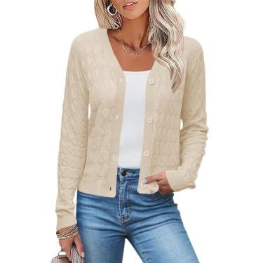 Imagem de Suéter de cardigã feminino LOMON com decote em V, malha de crochê, dam