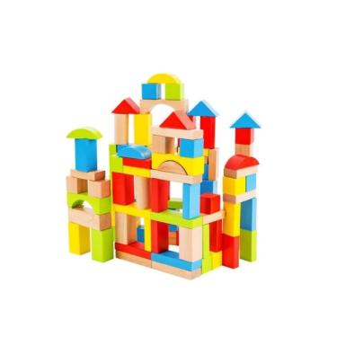 Imagem de Blocos de construção de madeira 100 unidades educacionais para crianças com balde