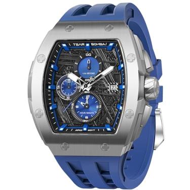 Imagem de TSAR BOMBA Relógios masculinos de quartzo, à prova d'água, 50 m, luxuoso, relógio de pulso com cronógrafo, calendário, data, trabalho e negócios, azul prateado
